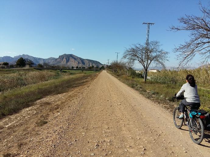 Una mujer montada en bicicleta eléctrica Ruta en Rio del segura con alquiler de bicicleta electrica